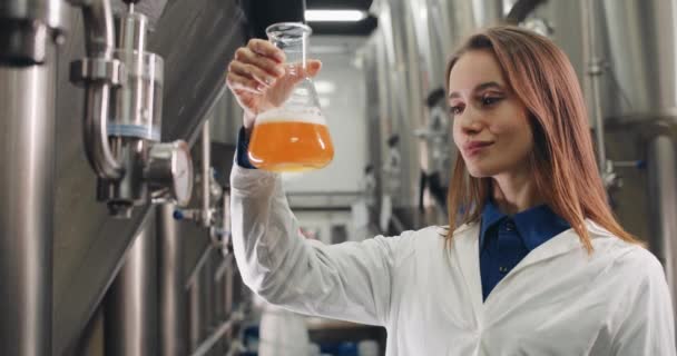 Travailleuse de brasserie joyeuse regardant de la bière fraîchement fabriquée dans une fiole en verre et souriant. Procédé engeneer regardant satisfait de la qualité de la bière tout en se tenant à des rangées de cuves de brassage en acier . — Video