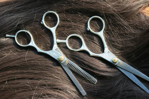 Tijeras de peluquero en el cabello —  Fotos de Stock