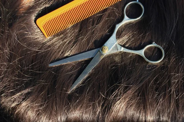 Tijeras de peluquero sobre pelos —  Fotos de Stock