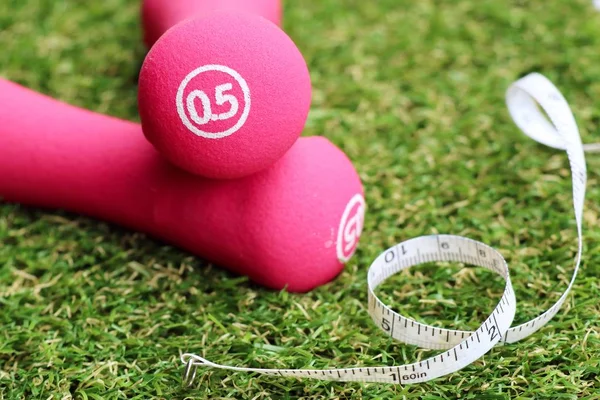 Pink dumbbell on grass — Stock Photo, Image