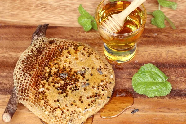 Zoete honingraat op houten — Stockfoto