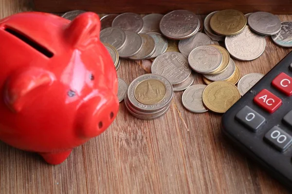 Piggy bank with thai coins — Stock Photo, Image