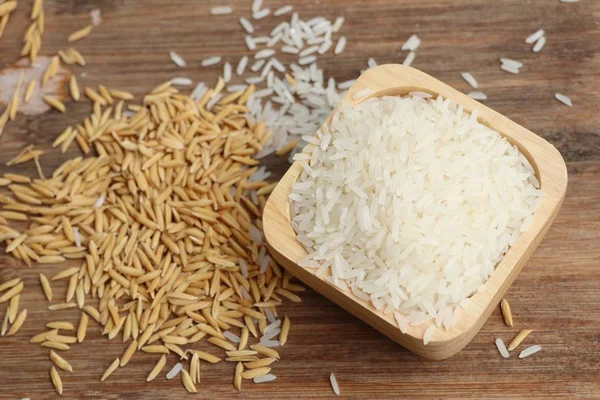 Ryż niełuskany i biały — Zdjęcie stockowe