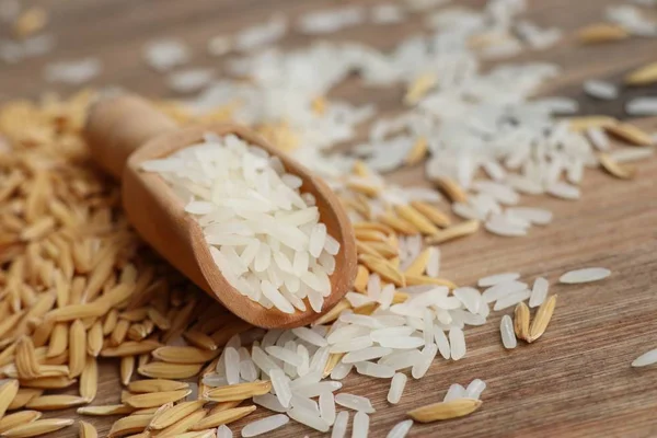 Ryż niełuskany i biały — Zdjęcie stockowe