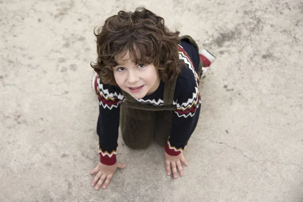 Little Boy Curly Hair Tooth Posing Green Bib — 스톡 사진