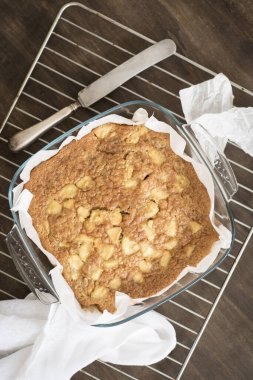 Elmalı kek, ceviz, un, şeker, yağ ve kuru üzüm. Nefis ev yapımı tatlı..