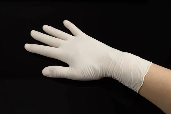 Beige Latex Gloves Black Background Protector Prevent Contagion — Stock Photo, Image