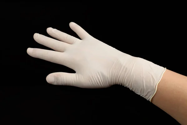 Beige Latex Gloves Black Background Protector Prevent Contagion — Stock Photo, Image