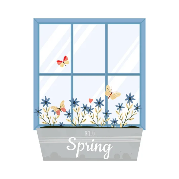 Vector Spring Illustration Window Flower Box Flat Style — Stock Vector