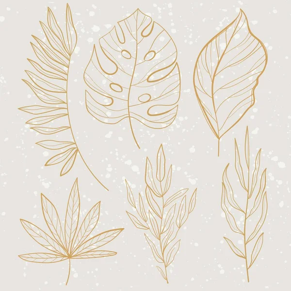 Sammlung von tropischen Blättern aus Gold. — Stockvektor