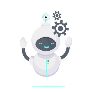Gülümseyen sohbet robotu. Robot sanal yardım, sorunları çözmeye yardım. Yapay Zeka. Çizgi film düz vektör çizimi.