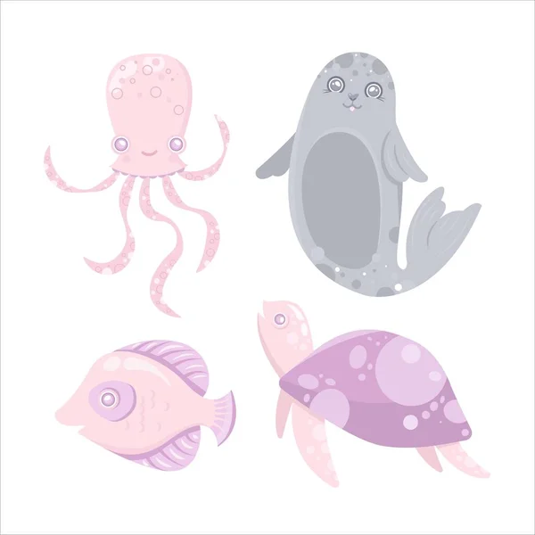 Vector Zeedier Zeehondenbont Vis Octopus Schildpad Cartoon Illustratie Van Mariene — Stockvector