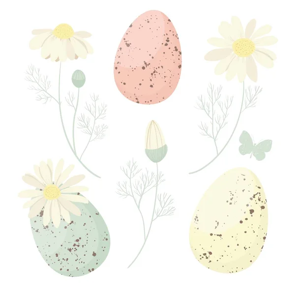 Szczęśliwej Wielkanocy Zestaw Pisanek Różnej Fakturze Plamki Dzikim Kwiatku Białym — Wektor stockowy