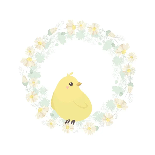 Grinalda Páscoa Com Flores Pintainho Cartão Felicitações Símbolo Primavera Ilustração —  Vetores de Stock