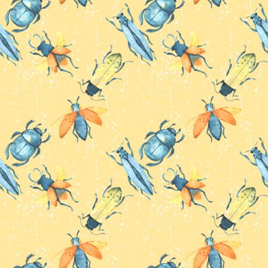 Renkli böcekler ve böceklerle suluboya kusursuz desen.