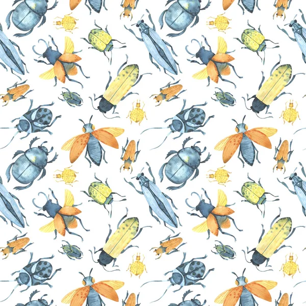 Watercolor Seamless Pattern Colored Bugs Beetles — Stock Photo, Image