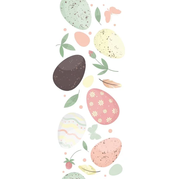 复活节彩蛋构成无缝图案 带有叶子和水彩斑斑的卵子装饰水平条纹 — 图库矢量图片