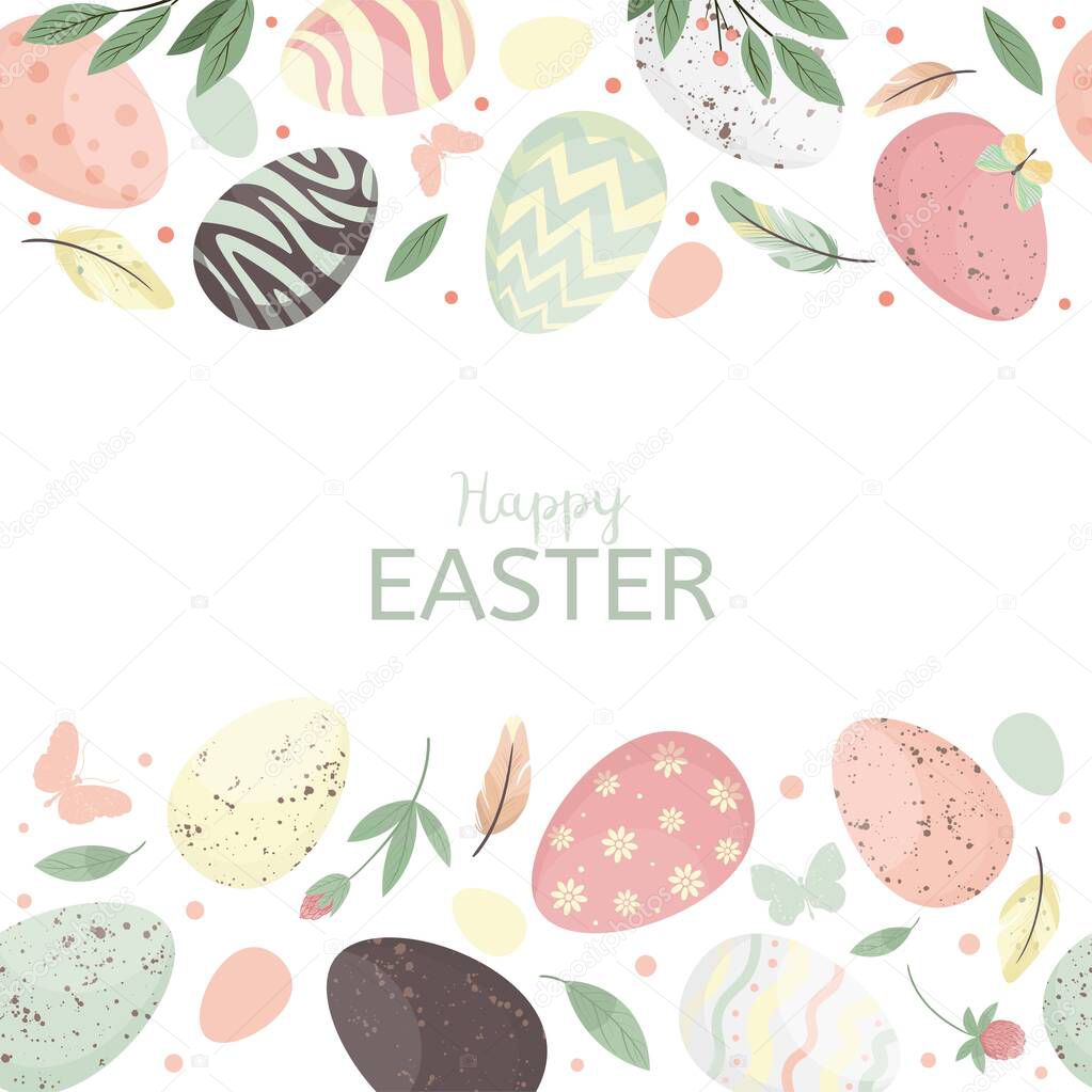 Easter eggs composition seamless pattern. Decorative horizontal stripe from eggs with leaves and watercolor dots.