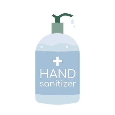 El antiseptiği şişesi izole edilmiş. Dezenfekte. Virüsler, bakteriler, grip, koronavirüs, covid-19 için kullanılan alkol jeli. Susuz el temizleyicisi. El yıkama. Vektör illüstrasyonu, düz tasarım.