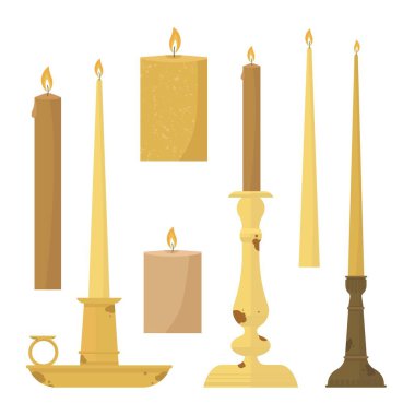 Mum koleksiyonu, beyaz arka planda şamdanlar. Çizgi film tarzı. Vektör illüstrasyonu.