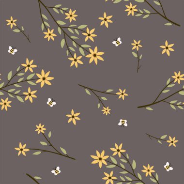 Vektör bitki ve çiçek deseni. Yaz illüstrasyonu. Kumaş izi.