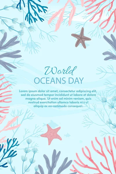 Wereld Oceanen Dag Kaart Vector Illustratie Bescherming Behoud Van Wereldzeeën — Stockvector