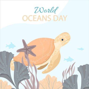 Dünya Okyanusları Günü Kart Vektörü illüstrasyonu. Dünya okyanuslarını, suyunu, ekosistemini korumaya ve korumaya yardım eder..