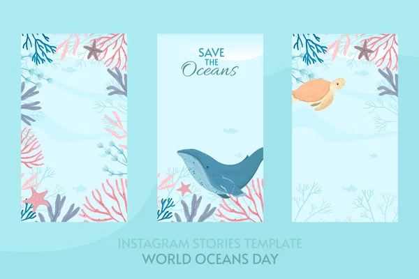 World Oceans Day Instagram Verhalen Template Vector Illustratie Bescherming Behoud — Stockvector