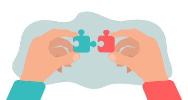 İş adamları yapboz parçasıyla el ele tutuşur. Takım çalışması, finans, iş yönetimi ve planlama, vektör illüstrasyonu