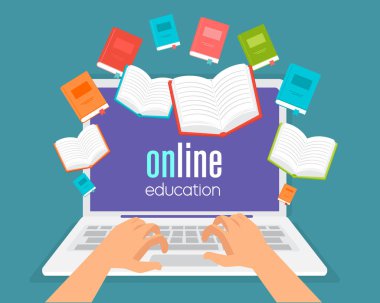Çevrimiçi eğitim, çevrimiçi eğitim kursları, uzaktan eğitim düz vektör çizimi. İnternet eğitimi, çevrimiçi kitap, dersler, e-öğrenim