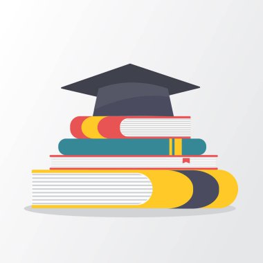 Mezuniyet şapkası ve yığınla kitap, eğitim konsepti, vektör illüstrasyonu