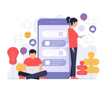 Kadın ve erkek arka planda büyük bir telefon ve emojiyle sohbet ediyorlar. Randevu uygulaması ve sanal ilişki. Vektör illüstrasyonu.
