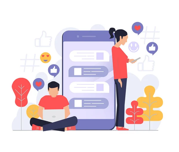 Man Vrouw Chatten Met Enorme Telefoon Emoji Achtergrond Dating App — Stockvector