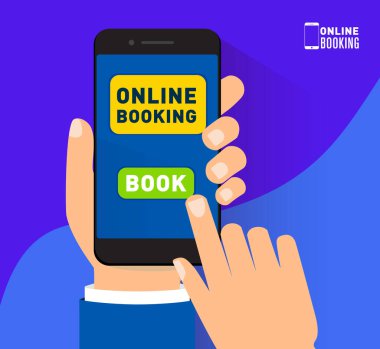 online rezervasyon mobil uygulama konsepti, ekranda kitap düğmesi olan el ele tutuşan akıllı telefon, vektör illüstrasyonu