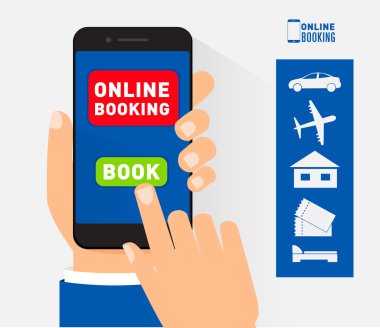 online rezervasyon mobil uygulama konsepti, ekranda kitap düğmesi olan el ele tutuşan akıllı telefon, vektör illüstrasyonu