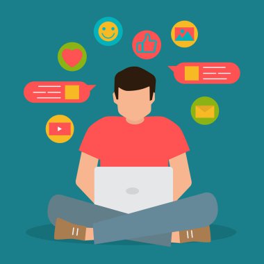 Sosyal medya iletişimi, dizüstü bilgisayarda erkek sohbeti, düz illüstrasyon vektörü