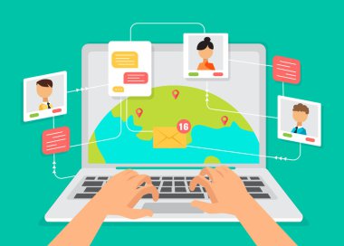 İş adamları tartışır, sosyal ağ, haber, sosyal ağlar, sohbet, çevrimiçi takım çalışması, diyalog konuşma baloncukları, düz vektör illüstrasyonu