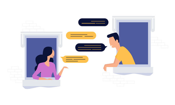 соседи люди персонаж чат на окне, концепция социальной сети, плоский вектор иллюстрации
