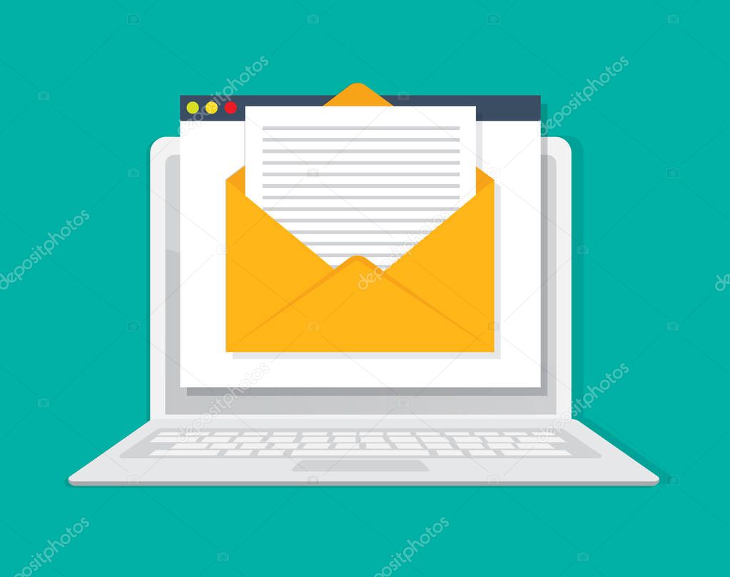 Laptop with envelope and document on screen,  e-mail document, vector illustration