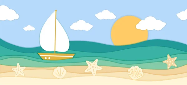 Морские Волны Корабль Тропический Пляж Стиле Бумажного Искусства — стоковый вектор