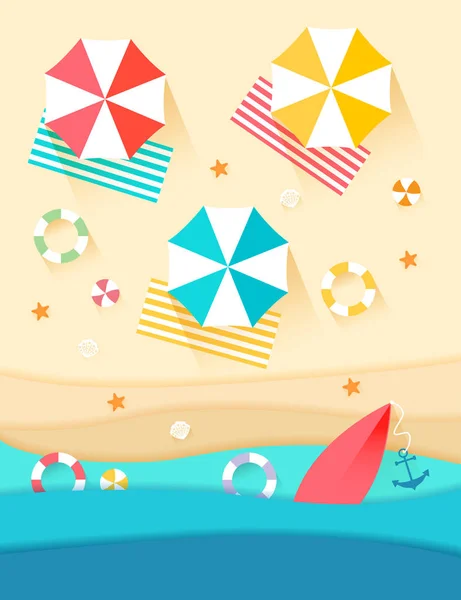 Вид Сверху Пляж Фон Зонтиками Мячами Плавательное Кольцо Морская Звезда — стоковый вектор