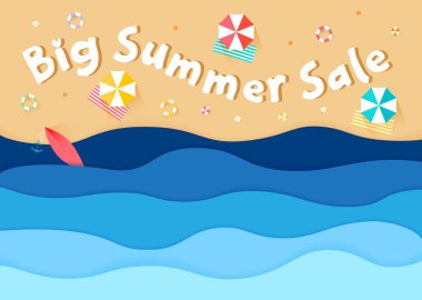 Büyük yaz indirimi. Deniz dalgaları ve plaj manzarası, kağıt karikatür. Vektör illüstrasyonu