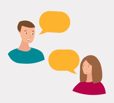 Konuşma baloncuklu erkek ve kadın yüzü, sohbet konsepti, vektör illüstrasyonu