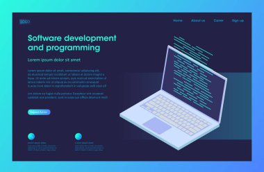 Yazılım geliştirme ve programlama, dizüstü bilgisayardaki program kodu, 3d izometrik vektör çizimi