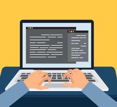 Ekranda program kodu, kodlama ve programlama vektör illüstrasyonuyla bilgisayar üzerinde çalışan programcı