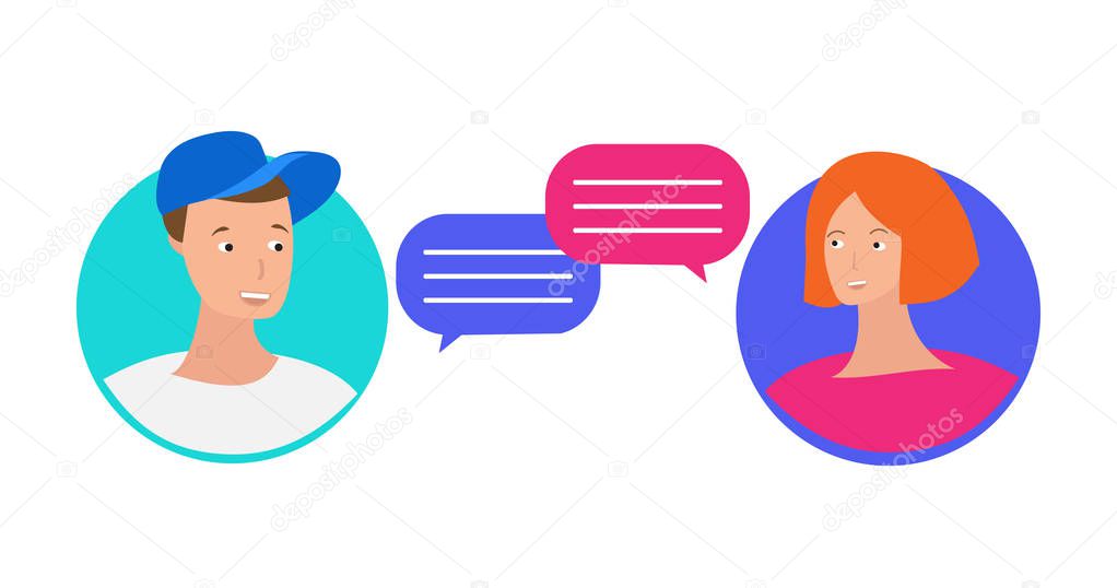 male and female face with speech bubbles, chat concept, vector illustration