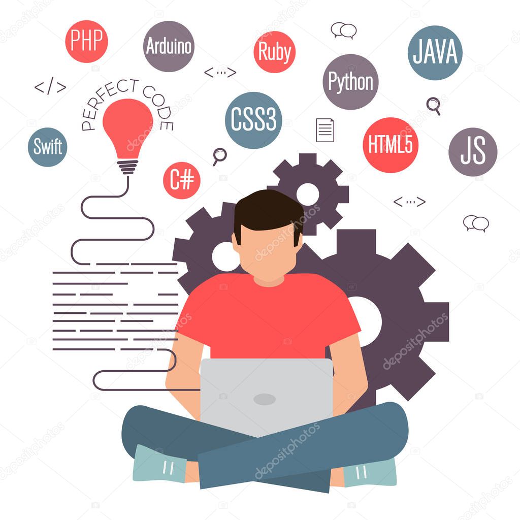 programming and coding banner, best programming languages, programmer working on pc laptop, flat illustration concept