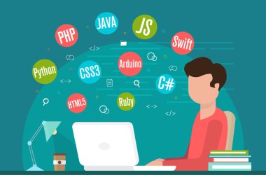 programlama afiş, kodlama, en iyi programlama dilleri, düz illüstrasyon kavramı