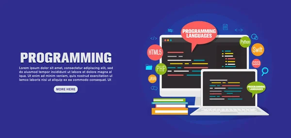 Lenguajes Programación Banner Codificación Concepto Ilustración Plana — Archivo Imágenes Vectoriales
