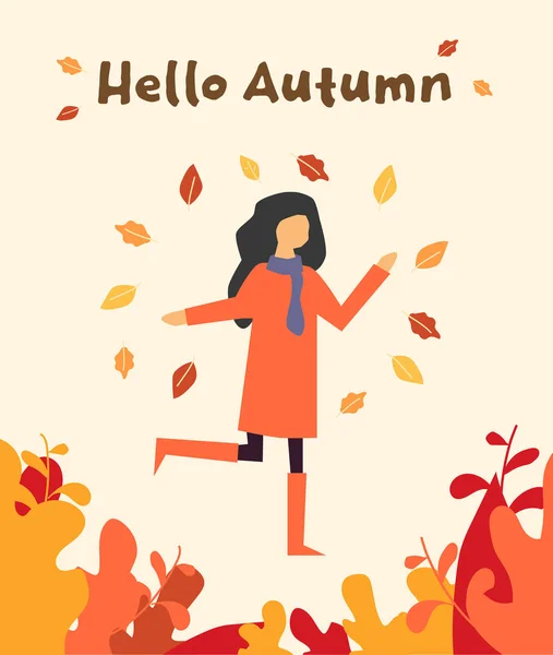 你好秋天 快乐的姑娘与秋天的树叶 病媒图解 — 图库矢量图片